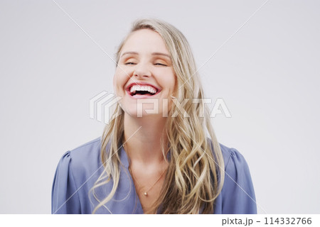 Smile, happy and woman with laughing in studio for funny joke, playful comic and positive humour. Female person, cheerful and satisfaction with joy for comedy, enjoyment and fun on white background Smile, happy and woman with laughing in studio for funny joke, playful comic and positive humour. Female person, cheerful and satisfaction with joy for comedy, enjoyment and fun on white background 114332766