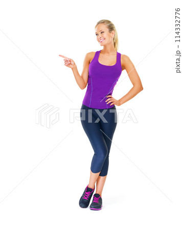 Fitness, mockup or happy woman with hand pointing in studio for gym, sign up or membership on white background. Exercise, space or lady model show workout revere, feedback or body transformation tips Fitness, mockup or happy woman with hand pointing in studio for gym, sign up or membership on white background. Exercise, space or lady model show workout revere, feedback or body transformation tips 114332776