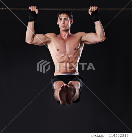 Man, bar and pull up fitness for arm exercise in studio for muscle training or strength workout, abs or black background. Male person, gym and healthy performance on mockup space, athlete or sport 114332815