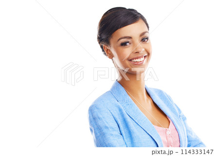 Girl, fashion and studio portrait with space, mock up and smile with confidence by white background. Woman, Indian person and model with trendy blue jacket, happy and clothes with promotion in Mumbai Girl, fashion and studio portrait with space, mock up and smile with confidence by white background. Woman, Indian person and model with trendy blue jacket, happy and clothes with promotion in Mumbai 114333147