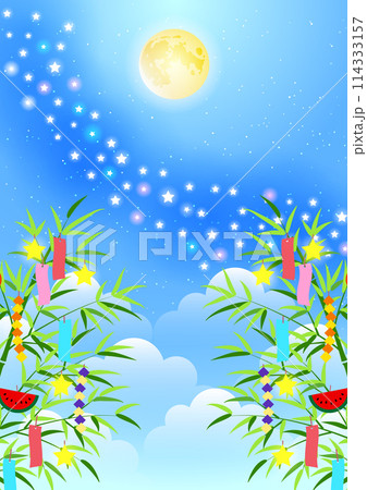 七夕、天の川、ファンシー、メルヘン、かわいい、イラスト、背景、青、縦型 七夕、天の川、ファンシー、メルヘン、かわいい、イラスト、背景、青、縦型 114333157