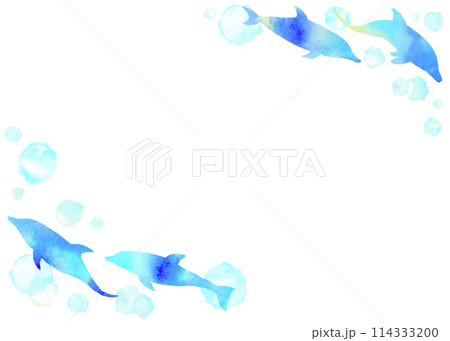 イルカが泳ぐ夏向けのさわやかマリンフレーム。水彩画のグラデーションが綺麗なイラスト。 114333200