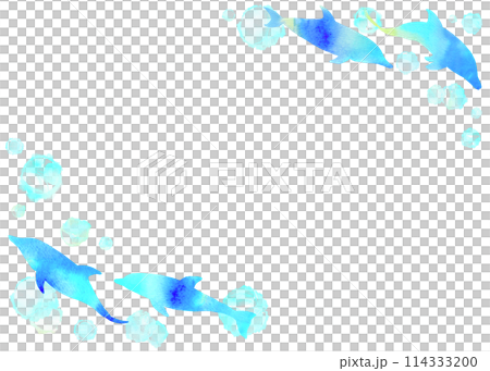 イルカが泳ぐ夏向けのさわやかマリンフレーム。水彩画のグラデーションが綺麗なイラスト。 114333200