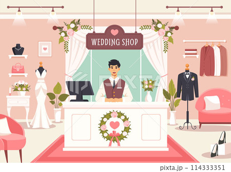 Wedding Shop Vector Illustration with Lover Looking for Jewellery, Beautiful Bride Gowns and Accessories to Get Married in Flat Cartoon Background Wedding Shop Vector Illustration with Lover Looking for Jewellery, Beautiful Bride Gowns and Accessories to Get Married in Flat Cartoon Background 114333351