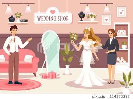Wedding Shop Vector Illustration with Lover Looking for Jewellery, Beautiful Bride Gowns and Accessories to Get Married in Flat Cartoon Background 114333352