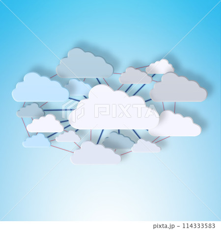 Cloud computing, connection and data with sign, link and information technology for art on blue background. Networking, storage icon and futuristic it for digital transformation with expansion on web 114333583