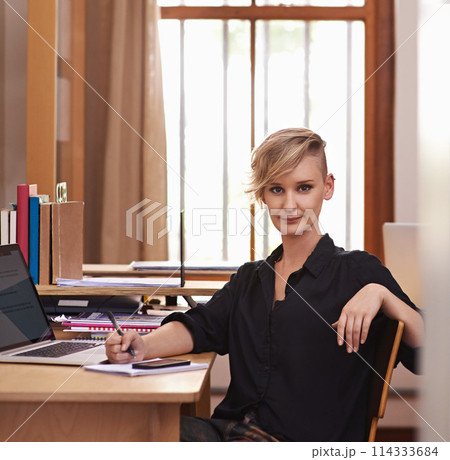 Portrait, businesswoman and technology in home office with confidence, notes and freelancer with productivity. Face, editor and pride with cellphone and laptop for connectivity and online research 114333684
