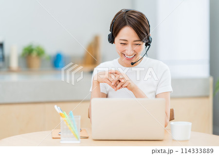 リビングでテレワークをするミドル女性。 114333889