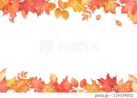 Autumn falling leaves frame. Copy space. Isolated watercolor border 114334052