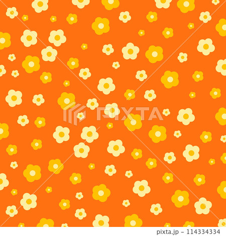 Illustration of little flowers on orange background for floral print, fabric, pattern, women fashion, clothes, garment, textile, picnic blanket, spring, summer, duvet, wallpaper, backdrop, kid dress 114334334