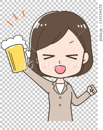 ビールを持って乾杯するビジネスウーマンの上半身イラスト 114334478