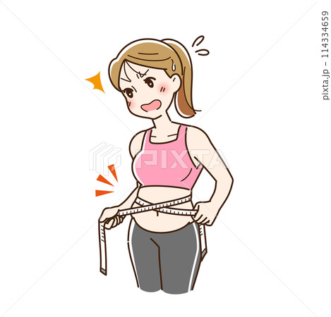 ウエストを測定してショックを受ける女性 114334659