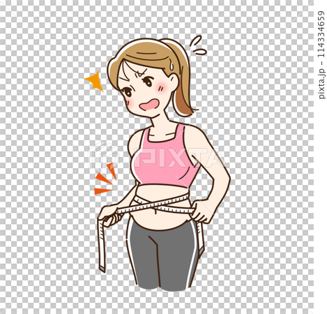 ウエストを測定してショックを受ける女性 114334659