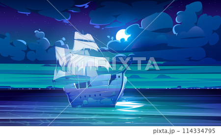 Dark night sea and moon in cloud sky illustration 114334795