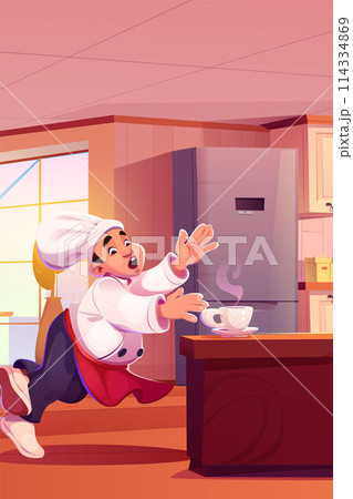 Chef on restaurant kitchen with cup of coffee 114334869