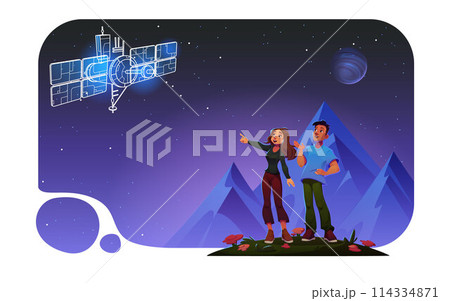 Woman and man show space satellite in sky design 114334871