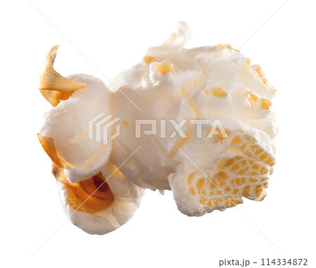 Food, single and popcorn snack in studio for nutrition or carbs, diet and corn isolated on white background. Air popped, grain and texture or detail of kernel for healthy calorie or digestive system. 114334872