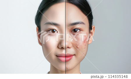 " にきび治療の効果-若い女性の肌のビフォーアフター."<AI生成素材> 114335148