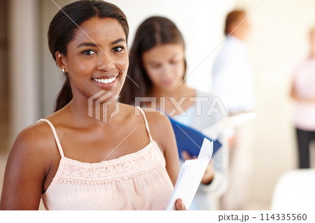 Portrait, business and happy black woman with documents in office, workplace and startup. African professional, face and smile of entrepreneur with paperwork, employee or creative designer coworking 114335560