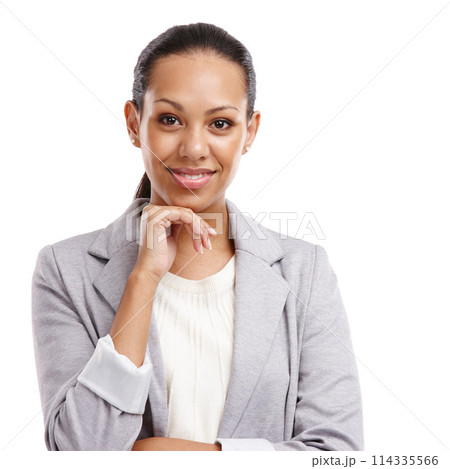 African woman, hand and chin in studio with smile or smirk, confidence or assertive for career. Female person, backdrop and happy with job, translator or interpreter or explainer in Africa or Morocco 114335566