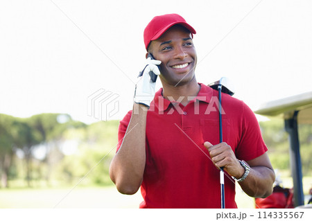 Man, phone call and conversation on golf course, communication and plan for training. Black male person, talking and athlete for networking outdoors, golfer and sports connection or speak on tech Man, phone call and conversation on golf course, communication and plan for training. Black male person, talking and athlete for networking outdoors, golfer and sports connection or speak on tech 114335567