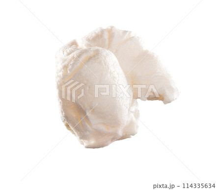 Corn, single and popcorn snack in studio for nutrition or carbs, diet and food isolated on white background. Air popped, grain and texture or detail of kernel for healthy calorie or digestive system. Corn, single and popcorn snack in studio for nutrition or carbs, diet and food isolated on white background. Air popped, grain and texture or detail of kernel for healthy calorie or digestive system. 114335634