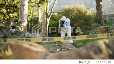 Forensic, photographer and evidence at crime scene for investigation in forest with police tape and safety hazmat..Csi quarantine, expert investigator and pictures for observation and case research 114335659