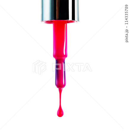 Nail polish, pink and drop drip in studio for manicure or pedicure, art or design and application for hands and feet. Closeup, cosmetic product and brush for color or coating for beauty and fashion. Nail polish, pink and drop drip in studio for manicure or pedicure, art or design and application for hands and feet. Closeup, cosmetic product and brush for color or coating for beauty and fashion. 114335789