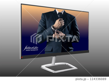 Flat computer monitor with businessman image. Display. Vector 3d illustration 114336089