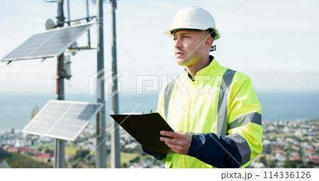 Man, writing and engineer for solar panel inspection, quality check or alternative energy maintenance on rooftop. Male person, contractor or technician on clipboard for photovoltaic checklist in city Man, writing and engineer for solar panel inspection, quality check or alternative energy maintenance on rooftop. Male person, contractor or technician on clipboard for photovoltaic checklist in city 114336126