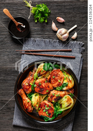 roasted asian glazed chicken thighs with bok choy roasted asian glazed chicken thighs with bok choy 114336164