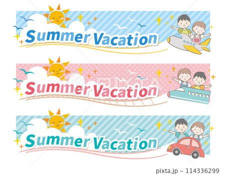 子供と乗り物のサマーバケーションタイトル　夏休み 114336299