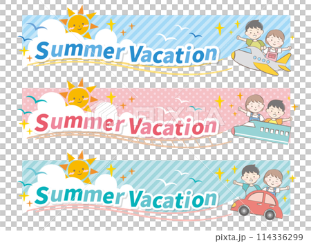 子供と乗り物のサマーバケーションタイトル　夏休み 114336299