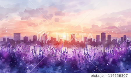 ラベンダーの花と夕刻の都心のビル街