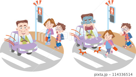 交通安全<横断歩道&子供&車(ビジネスマン)(赤信号)> 交通安全<横断歩道&子供&車(ビジネスマン)(赤信号)> 114336514