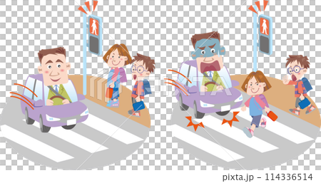 交通安全<横断歩道&子供&車(ビジネスマン)(赤信号)> 交通安全<横断歩道&子供&車(ビジネスマン)(赤信号)> 114336514