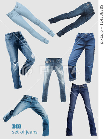 Big set of men's and women's jeans in front, back and side views. Isolated on white. Casual style. Vector illustration for your fashion design. Big set of men's and women's jeans in front, back and side views. Isolated on white. Casual style. Vector illustration for your fashion design. 114336585