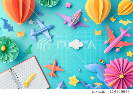 Children's Day poster template, Flying colorful 3D paper balloons and airplanes on school notebook background. 114336645