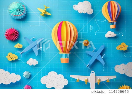 Children's Day poster template, Flying colorful 3D paper balloons and airplanes on school notebook background. 114336646