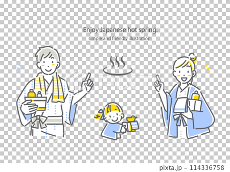一個年輕的家庭穿著浴衣享受溫泉 — 簡單時尚的線條畫插圖 114336758