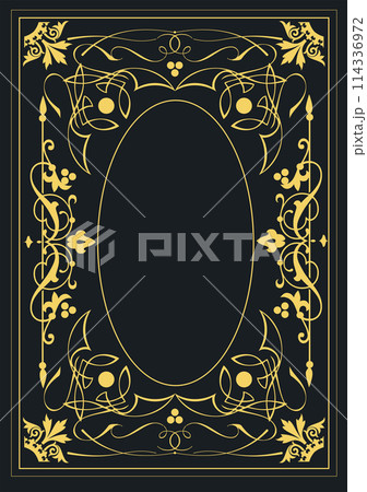 Gold ornament on dark background. Can be used as invitation card. Book cover. Vector illustration 114336972