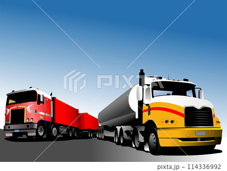 Two trucks on the road. Vector 3d illustration Two trucks on the road. Vector 3d illustration 114336992
