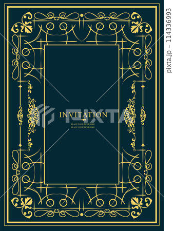 Gold ornament on dark background. Can be used as invitation card. Book cover. Vector illustration 114336993