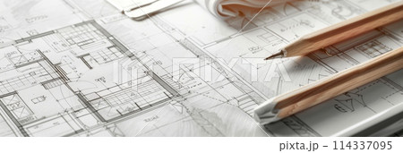 A blueprint of a house being meticulously drawn with a pencil and ruler, showcasing intricate design details for a project renovation. Generative AI 114337095