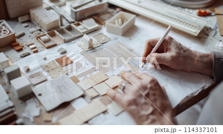 A person is meticulously arranging tiles on a table, creating a stunning mosaic masterpiece for a project renovation sketch with detailed plans and design ideas. Generative AI 114337101