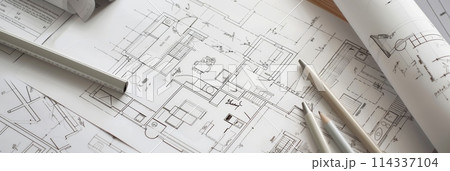 A pair of scissors delicately rests on a piece of paper, poised for precise and intricate cuts to bring architectural plans and design ideas to life. Generative AI 114337104