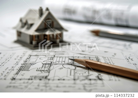 A house perched on top of a blueprint, with a pencil nearby, symbolizing brainstorming and planning for a dream home construction project. Generative AI 114337232