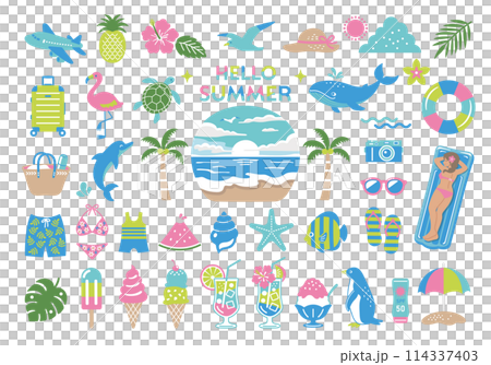 Summer and sea illustration set, tropical travel icon, beach decoration Summer and sea illustration set, tropical travel icon, beach decoration 114337403