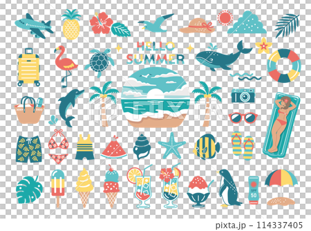 Summer and sea illustration set, tropical travel icon, beach decoration 114337405
