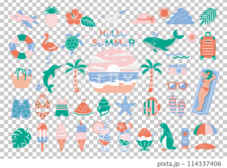  夏・海のイラストセット　南国　旅行　アイコン　ビーチ　装飾 114337406